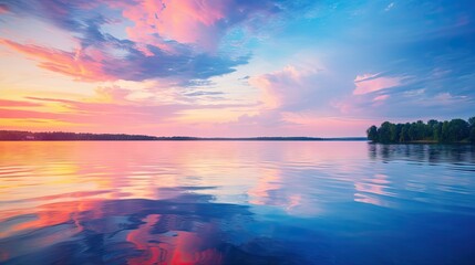  a large body of water with trees on the other side of it and a sky filled with clouds at the end of the day with a pink and blue sky.