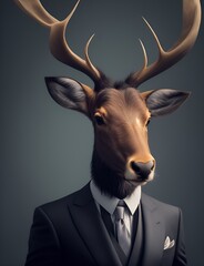 Elk is dressed elegantly in a suit with a lovely tie. An anthropomorphic animal poses for a fashion photograph with a charming human attitude.