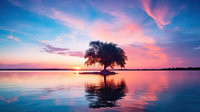  a lone tree on a small island in the middle of a large body of water with the sun setting in the background and clouds in the sky above the water.