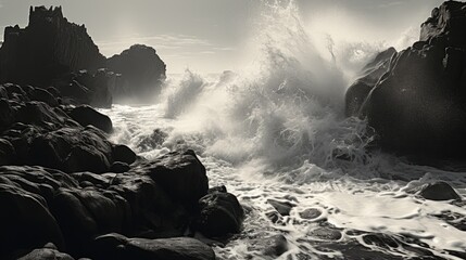  a black and white photo of a wave crashing into a rocky shore with rocks in the foreground and a...