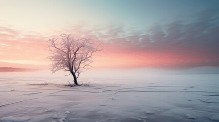 Fototapeta na wymiar a lone tree stands alone in the middle of a snowy field with a pink and blue sky in the background as the sun sets in the distance over the horizon.