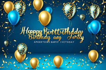 Vector happy birthday horizontal illustration on blue background with 3d realistic golden and black air balloon with text and glitter confetti. Holiday design for greeting card. party banner design