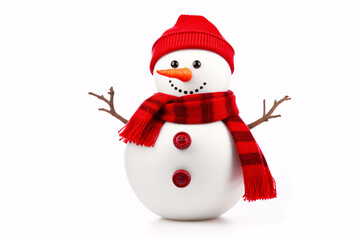 An isolated white background showcases a snowman adorned with a red scarf and Santa-style cap.