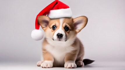 A crimson-hatted Pembroke Welsh Corgi pup is ensconced in isolation on a milky backdrop.