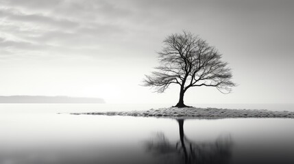  a black and white photo of a lone tree on a small island in the middle of a large body of water with a mountain in the distance in the distance. - Powered by Adobe