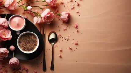 Obraz na płótnie Canvas a black plate topped with two bowls of food next to a spoon and a cup filled with coffee next to pink flowers on a brown surface with a pink background.