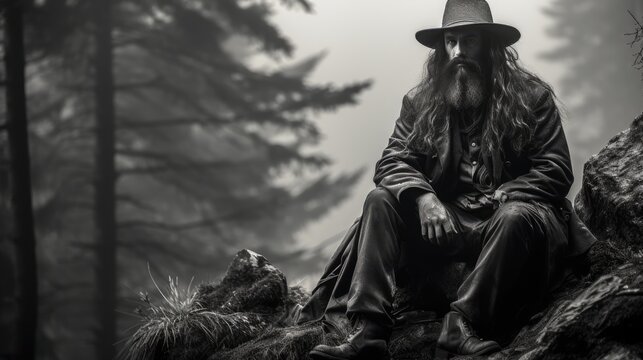  a black and white photo of a man with long hair and a long beard sitting on a rock in the middle of a forest wearing a long coat and hat.