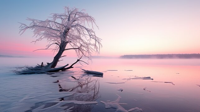  a tree in the middle of a lake with ice on the water and a pink sky in the background and a few pieces of ice on the water in the foreground.