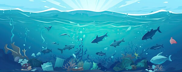 Garbage instead of fish in the sea. Plastic and pollution in oceans concept. AI generated illustration