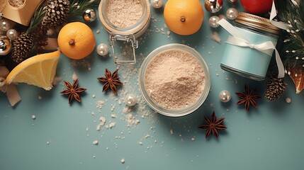  a table topped with a bowl of powder next to oranges and star anise next to a can of orange juice and an orange slice of lemon next to it.