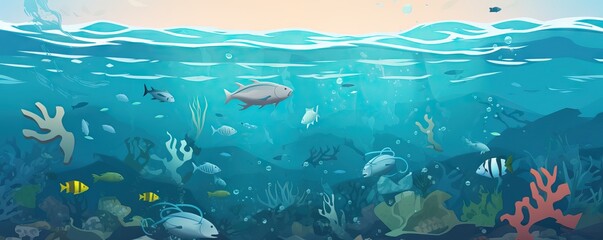 Fototapeta na wymiar Plastic ocean. Fish among plastic bags polluting the sea. Microplastics contaminate seafood. AI generated illustration