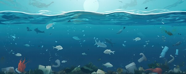 Fototapeta na wymiar Plastic ocean. Fish among plastic bags polluting the sea. Microplastics contaminate seafood. AI generated illustration