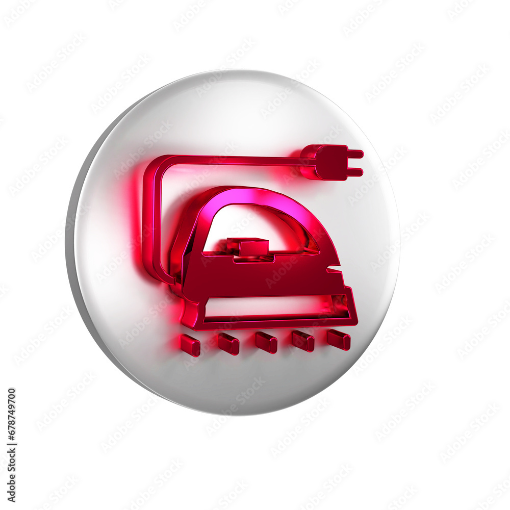 Wall mural red electric iron icon isolated on transparent background. steam iron. silver circle button.