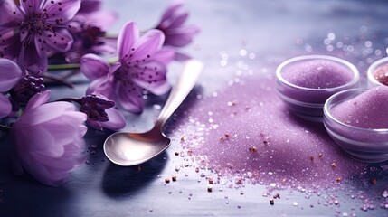 Obraz na płótnie Canvas a spoon sitting on top of a table next to a bowl filled with sugar and a spoon next to a bowl with sugar and a spoon on top of purple flowers.
