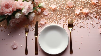  a white plate sitting on top of a table next to two forks and a plate with a knife and fork sitting on top of a pink surface with pink flowers.