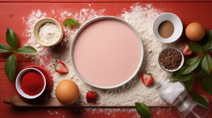 Obraz na płótnie Canvas a bowl of pink liquid surrounded by ingredients like eggs, strawberries, milk, flour, sugar, and sugar cubes on a red background with green leaves.