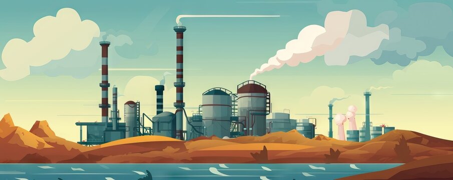 Old manufacturing coke plant on a cloudy sky background on sunny summer day. AI generated illustration