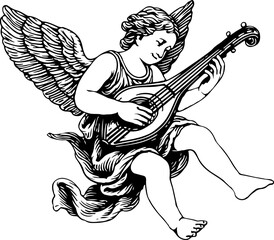 Little Angel Playing Guitar Hand Drawn