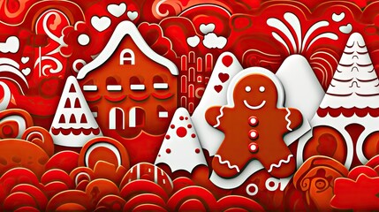  a red and white paper cutout of a gingerbread house and trees with hearts and snowflakes on a red and white background of hearts and snowflakes.