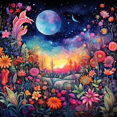 Obraz na płótnie Canvas Surreal Floral Fantasy - Vibrant JPG Garden with Cosmic Blooms and Sky Contrast