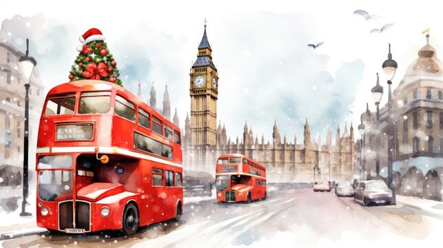  a watercolor painting of a double decker bus with a christmas tree on top of the top of the bus and a clock tower in the back of the bus.