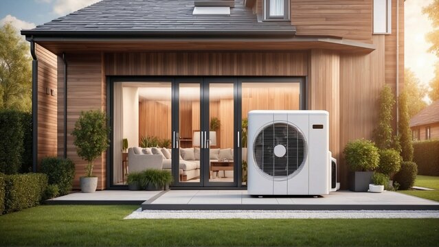 Air source heat pump installed in residential green house or building. climate heat pump. environmentally friendly heating concept. eco-friendly & sustainable heating and cooling. 