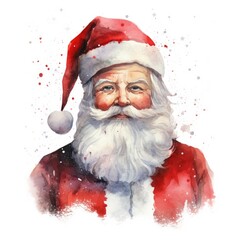  a watercolor painting of a santa clause wearing a santa hat and holding a christmas ornament in his right hand and a white ball in his left hand. - obrazy, fototapety, plakaty