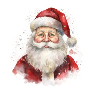  a watercolor painting of a santa clause wearing a red and white hat and holding his hands in front of his face with a smile on a white background of red and white.