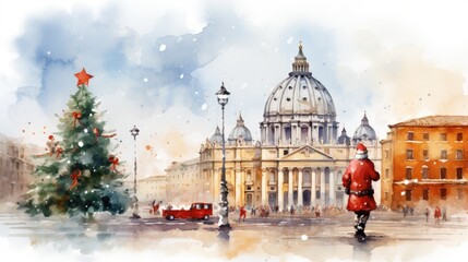  a watercolor painting of a christmas tree and a man in a red coat in front of the dome of a building with a christmas tree in the foreground.