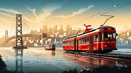  a painting of a red trolley on a city street with a bridge in the background and a santa claus hat on the top of one of one of the car.