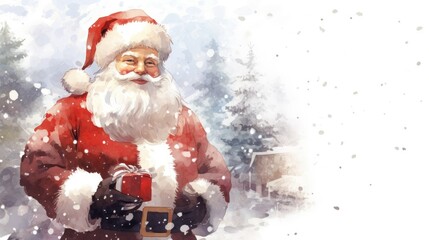  a watercolor painting of a santa clause holding a box of presents in his right hand and his left hand in his left, and his right hand in his left hand.