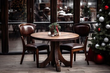 Fototapeta na wymiar Empty round wooden table and chairs in coffee shop cafe christmas theme decoration