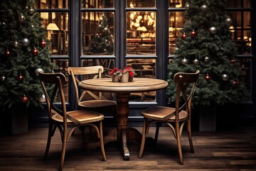Fototapeta na wymiar Empty round wooden table and chairs in coffee shop cafe christmas theme decoration
