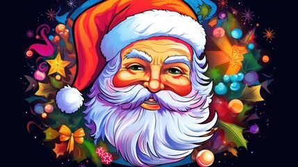  a close up of a santa claus face wearing a santa claus hat and surrounded by christmas decorations and baubles on a black background with stars and snowflakes. - obrazy, fototapety, plakaty