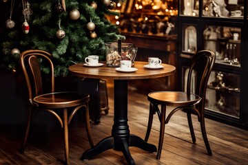 Empty round wooden table and chairs in coffee shop cafe christmas theme decoration - obrazy, fototapety, plakaty