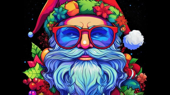  a digital painting of a santa claus wearing sunglasses and a santa hat with holly wreaths and poinsettis around his neck, on a black background with stars and snowflakes.