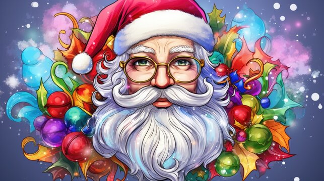  a digital painting of a santa claus with a beard and christmas decorations on a blue background with snowflakes and snowflakes on the bottom of the image.