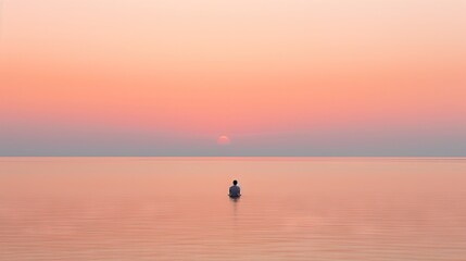 Fototapeta na wymiar a person standing in the middle of a large body of water with the sun setting in the sky above the water and behind them is a pink and orange sky.