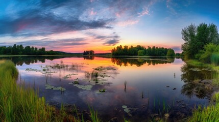  a beautiful sunset over a lake with lily pads in the foreground and trees on the other side of the lake and a few clouds in the sky above the water.