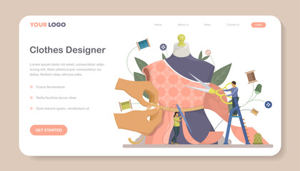 Fashion designer web banner or landing page. Professional tailor masters sewing or fitting clothes. Dressmaker working with a mannequin vector illustration.
