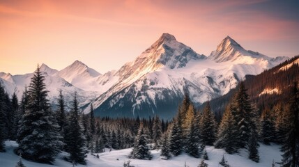  a mountain range covered in snow with pine trees in the foreground and a pink sky in the background with a few clouds in the upper half of the picture. - obrazy, fototapety, plakaty
