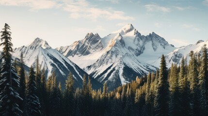  a painting of a mountain range with pine trees in the foreground and a blue sky with clouds in the background with a few white clouds in the foreground. - obrazy, fototapety, plakaty