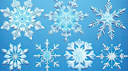  a group of snowflakes sitting on top of a blue table next to a white snowflake on top of a blue table next to another snowflake.