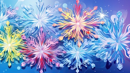  a group of colorful snowflakes sitting on top of a blue and purple background with snow flakes on the bottom of the image and bottom half of the snowflakes.