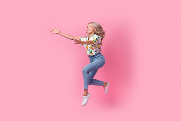 Full length cadre image of jump funky crazy young girl meeting old friends running towards welcome isolated on pink color background