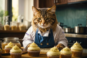Bright advertising image, a cute cat dressed as a chef in a fashionable kitchen prepares delicious cupcakes with yellow cream, kawaii character.