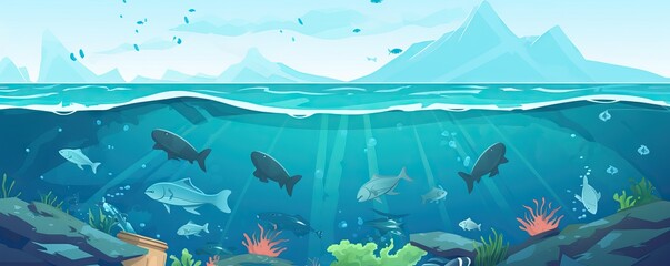 Plastic ocean pollution. Whale Shark filter feeds in polluted ocean, ingesting plastic. AI generated illustration