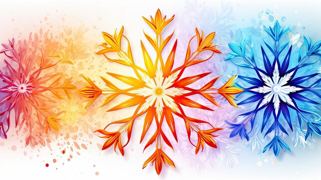  a group of four snowflakes sitting next to each other on a white and blue and red background with a splash of paint on the bottom of the image.