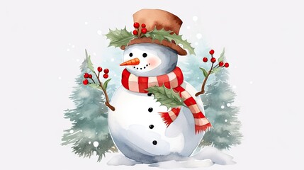  a snowman wearing a red and white striped scarf and a red and white striped hat and a red and white striped scarf is standing in front of a pine tree.