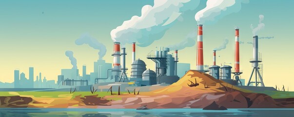 An industrial road leads to the plant. Pollution of the environment by a metallurgical plant. Factory pipes emit smoke. Industry landscape in summer. AI generated illustration